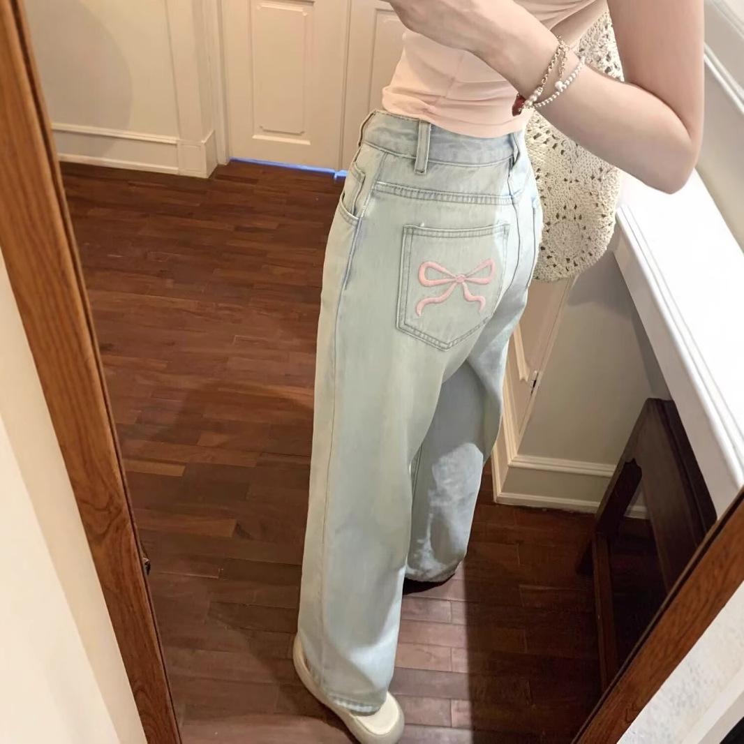 

Women s High Waist Retro Light Wash Bow Embroidery Wide Leg Jeans Small