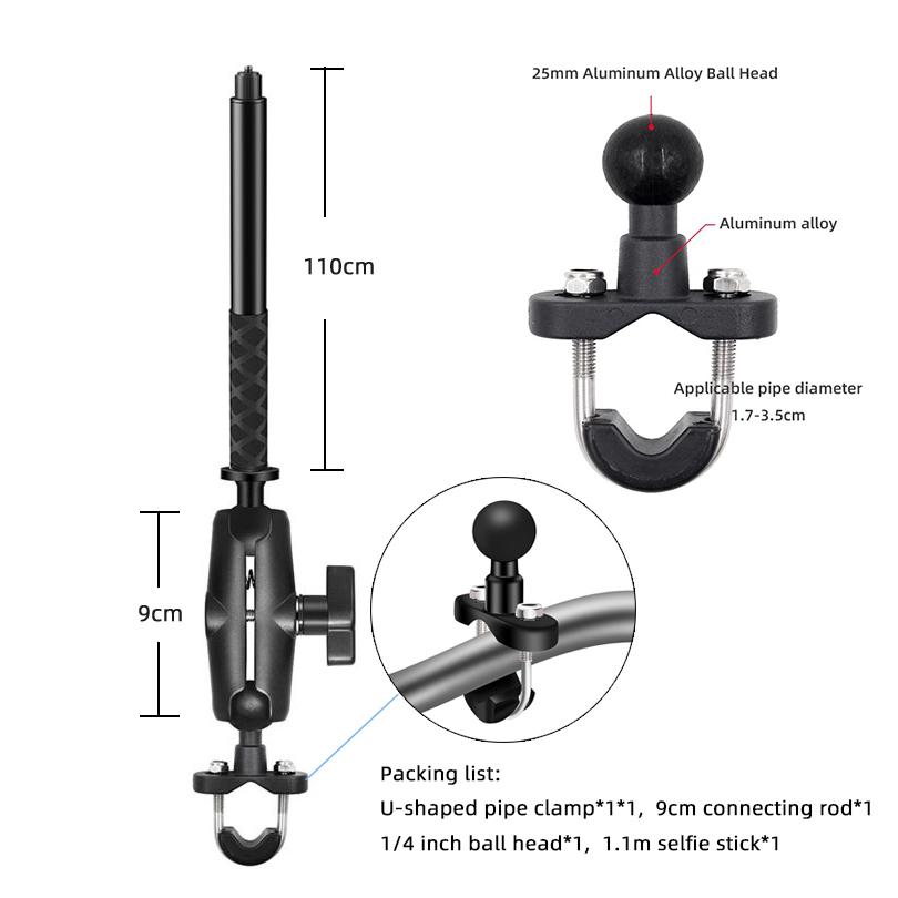 Motorcycle Bike Panoramic Monopod Handlebar Double Clip Bracket for Insta360 One X2 GoPro 11 10 9 Selfie Stick Camera Accessory