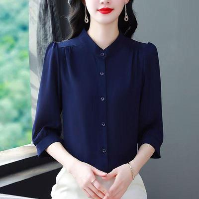 Elegant Seven-Sleeve Solid Color Women's Shirt - Summer/Autumn Loose Fit Top Mom's Collection