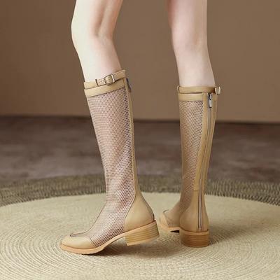 Bottes pour Femmes Chaussures en Mesh Respirantes Talons Bas Longueur Genou Chaussures d'Été Mode Creux Semelle en Caoutchouc Sandales Extérieur Habillé