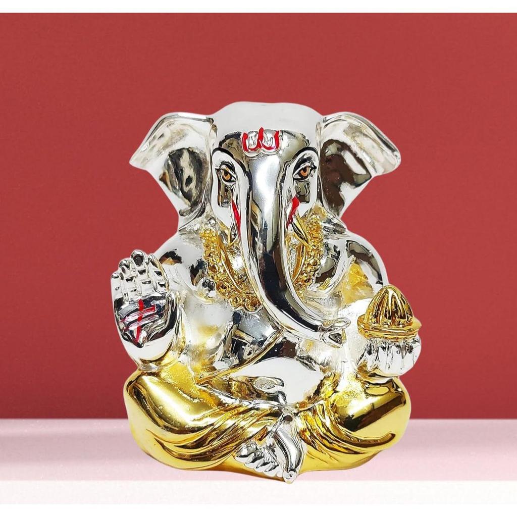 Gold and Silver Plated Resin Ganesh Idol for Car Dashboard God Ganesha Idol for Home Decor Ganpati for Gift (Small, Two Tone)