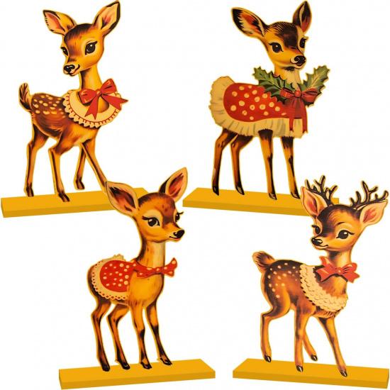 4pcs Vintage Christmas Decorations Table Wooden Centerpieces Christmas Theme Retro Sika Deer Table Decorations Tiered Tray Decor for Winter Holiday