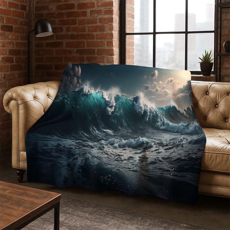 Blue Sea Waves Scenery Flannel Blanket Soft Warm Throw Blanket for Bedroom Living Room Bed Travel Camping Picnic Gift Kids