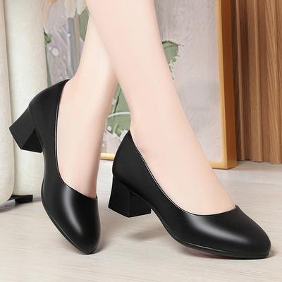 Spring New Single Shoes Flight Attendant Women's Shoes Soft Sole Dress Professional Work Shoes Comfortable Soft Leather Thick Heel Leather Shoes