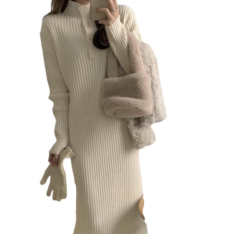 Retro loose and thin knitted dress for women's autumn and winter new medium and long inner sweater skirt trendy