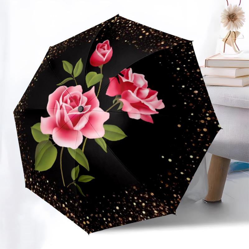 1pc Pink Roses, Glitter Background, Floral Design Umbrella with Plastic Handle,Compact & Stylish,Suitable for All Seasons YS331032