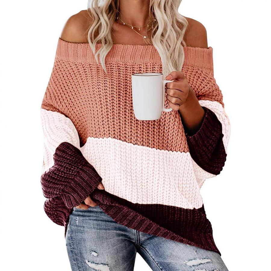 Women's Autumn Winter Knit Set Sweater Loose Patchwork Color One-Shoulder Crewneck Pullover
