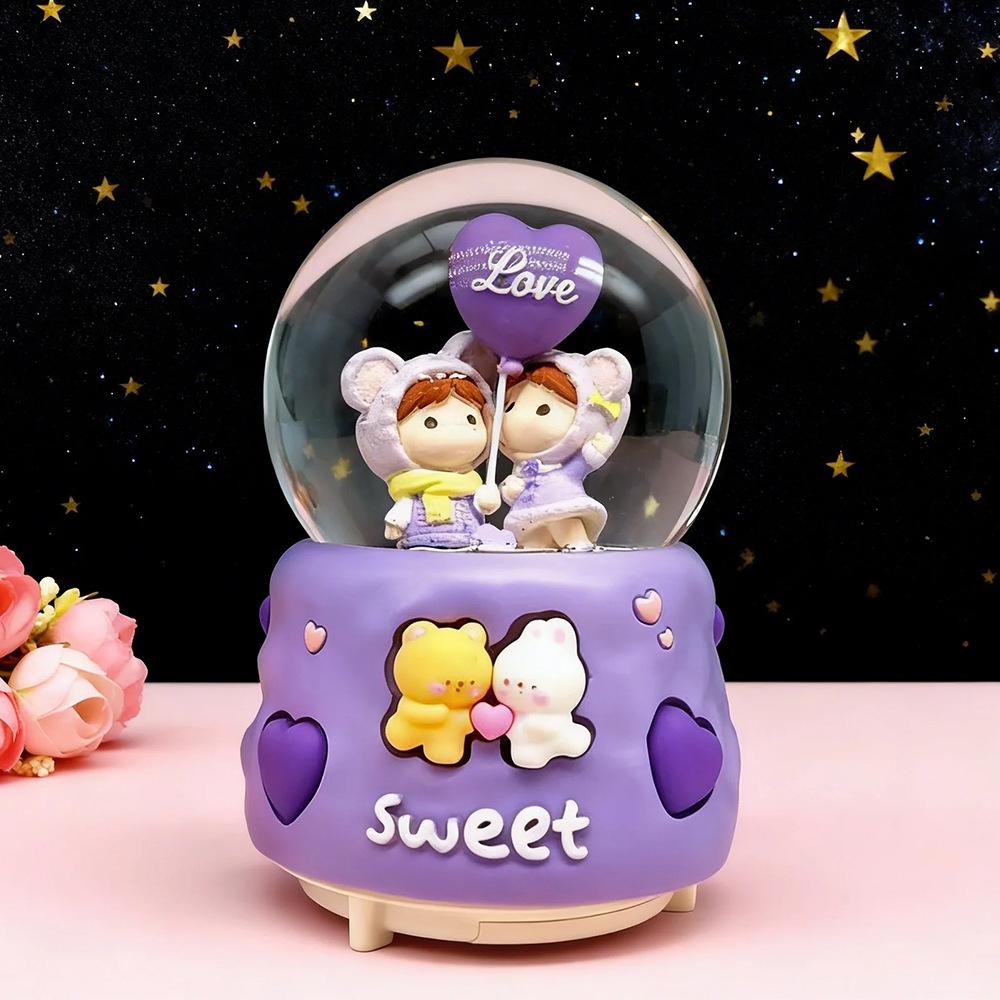 Cartoon Couple Crystal Ball Resin Snow Globe Music Box Toy
