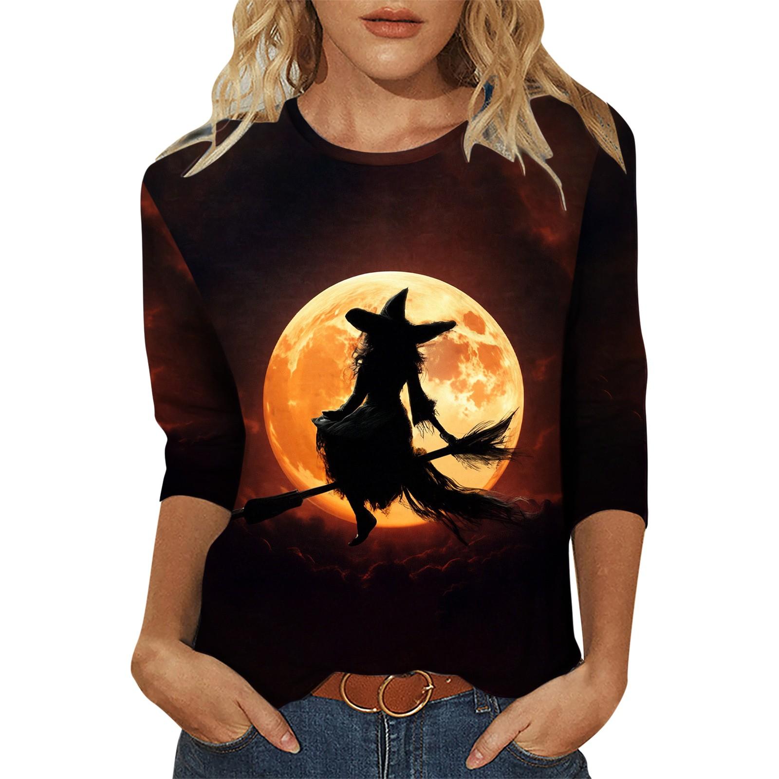 

Женская модная повседневная футболка с круглым вырезом и принтом на Хэллоуин с семью рукавами, топ L винный