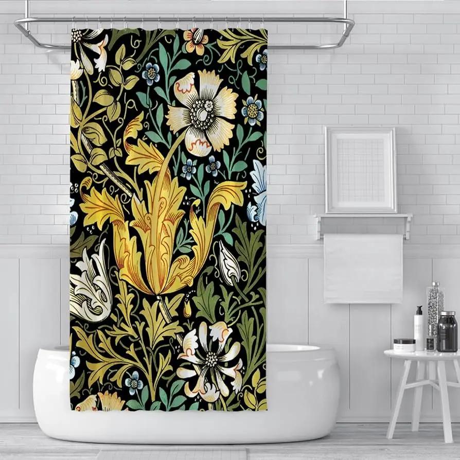 Exquisite Floral and Bird Pattern Print Water-resistant Shower Curtain with Vintage Design for Elegant Bathroom Decor