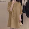 ZANZEA Women Casual Round Neck Loose 3/4 Sleeve Plain Dress