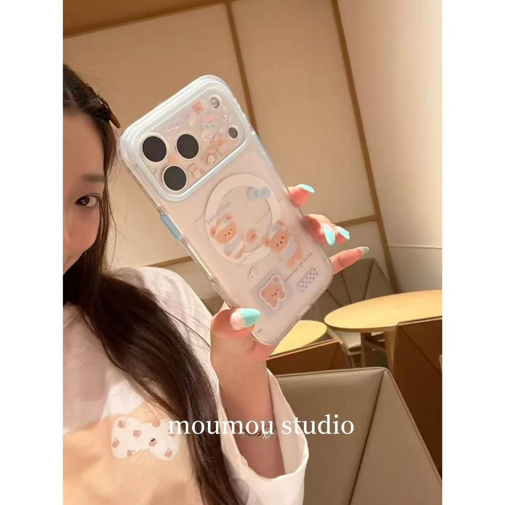Cute Transparent Bear Illustration Magnetic Attraction Is Suitable for Apple 17promax Mobile Phone Case Anti-drop New 16pro Women