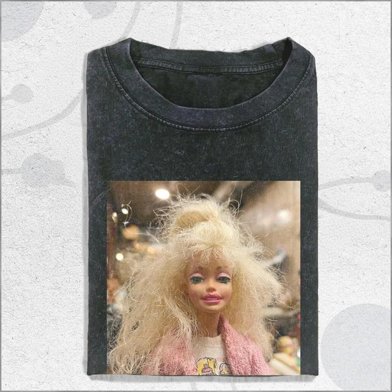 Vintage Washed Face Doll Girl Funny Meme T-shirt, Trending Gift, Ironic Statement Shirt, Meme Shirt For Women Washed T-shirt