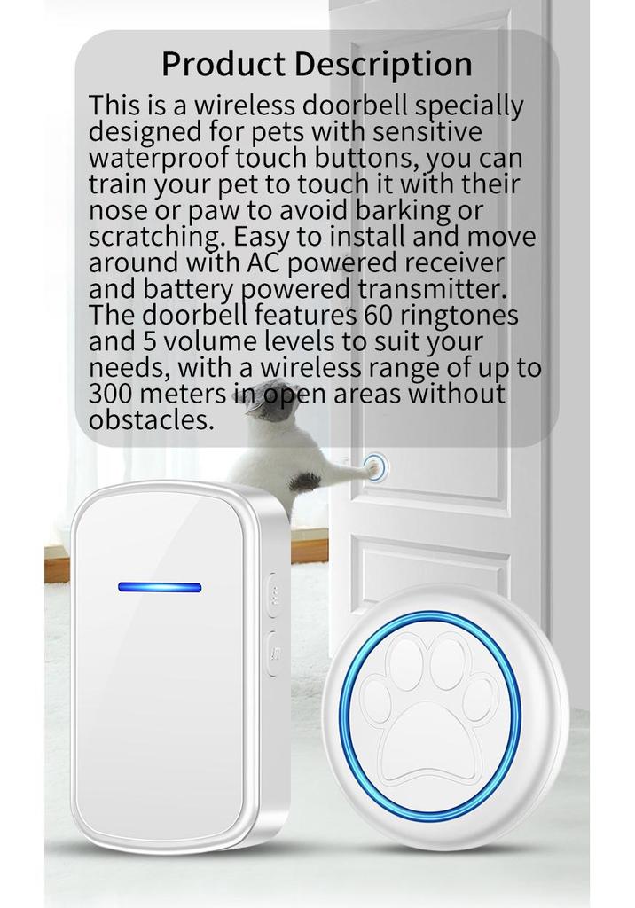 Wireless Waterproof Pet Doorbell for Cats & Dogs - EU, US, UK Specs