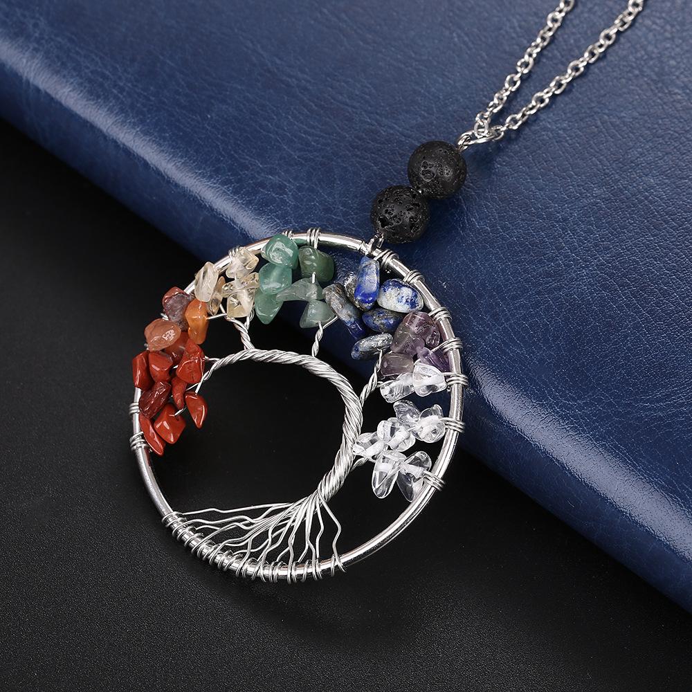 Natural Stone Agate Tree of Life Necklace with Crystal Volcanic Rock