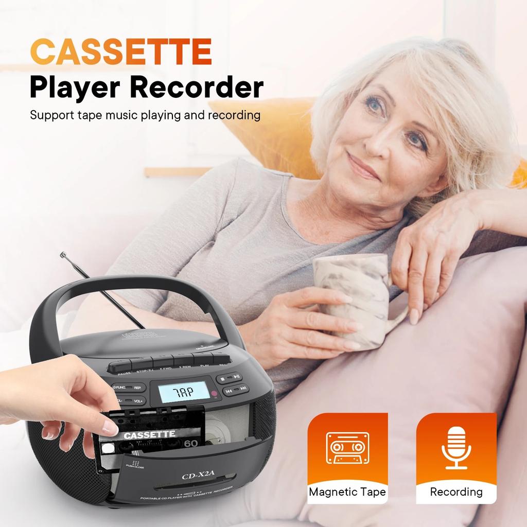 Portable CD Boombox with Cassette Player and Recorder CD Radio FM AM with Bluetooth and USB MP3,AC DC Power with Remote Control