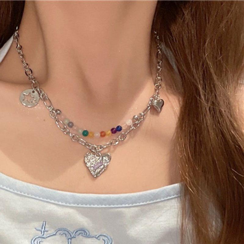 Color Beaded Double-layer Stacked Love Necklace Light Luxury Niche High-end Accessories Sweater Chain Women's Neck Chain Collarbone Chain