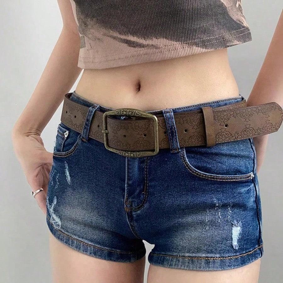 1pc Floral Embossed Belt, DistressedDenim Accessory, Casual Ethnic Artisan Belts Versatile Belt