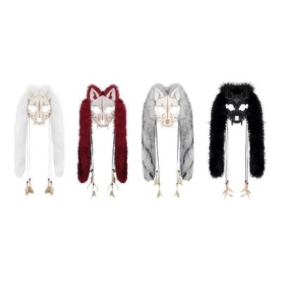 Furry Wolf Mask Faux Furs Vikinges Foxes Mask Headdress Skull Mask with Faux Furs Cosplay Halloween Werewolfs Costumes