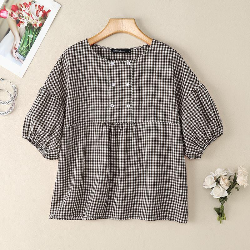 

ZANZEA Women Plaid Print Casual Round Neck Short Sleeve Blouse 5XL светло-коричневого