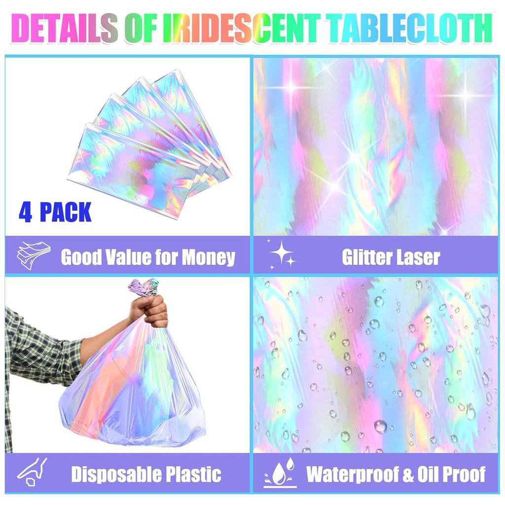 4pcs Iridescent Tablecloth Shiny Disposable Laser Table Covers Rectangular Plastic Holographic Table Cloth for Party Ceremony