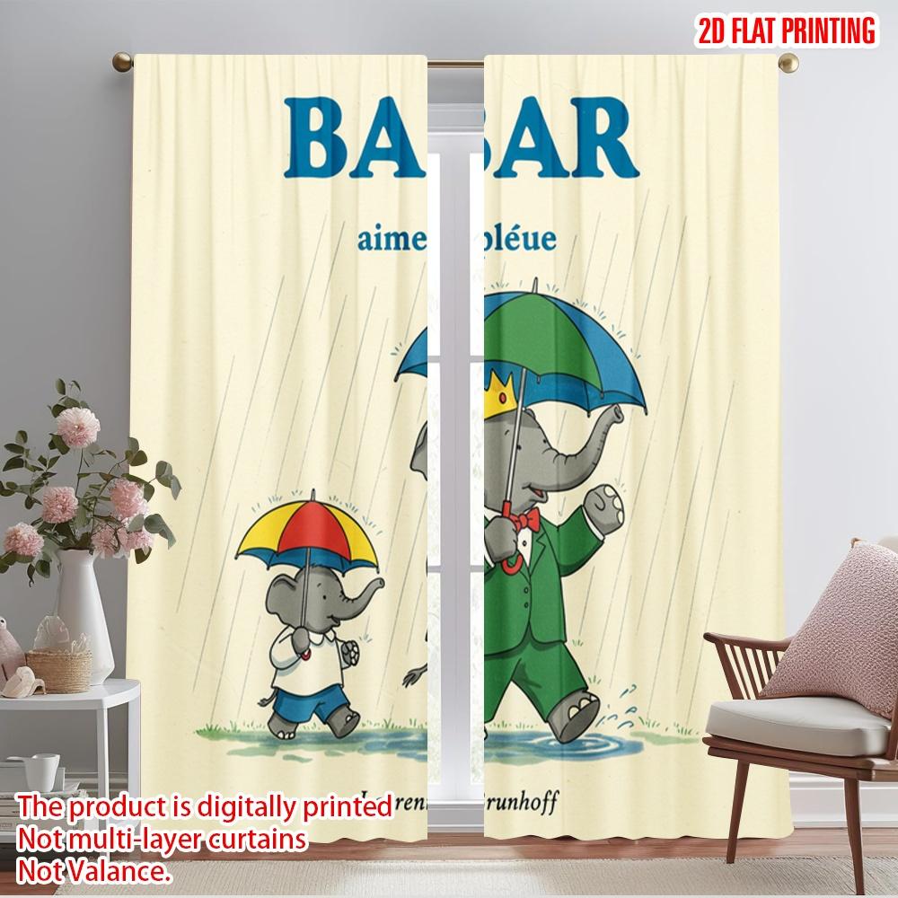

2pcs 2D flat printing Party Window Curtains Babar Elephant Rain Umbrella Polyester Without Electricity Festive Curtains Perfect 52.50×116.00 CM 2pcs
