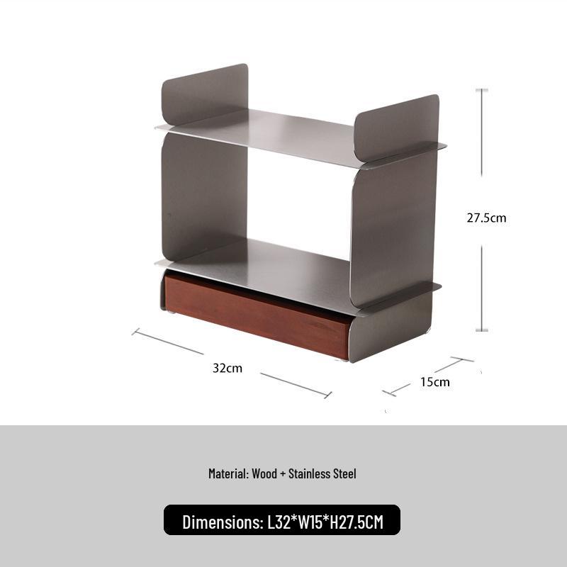 Stainless Steel Coffee Cup & Skincare Display Rack with Walnut Wood Drawer