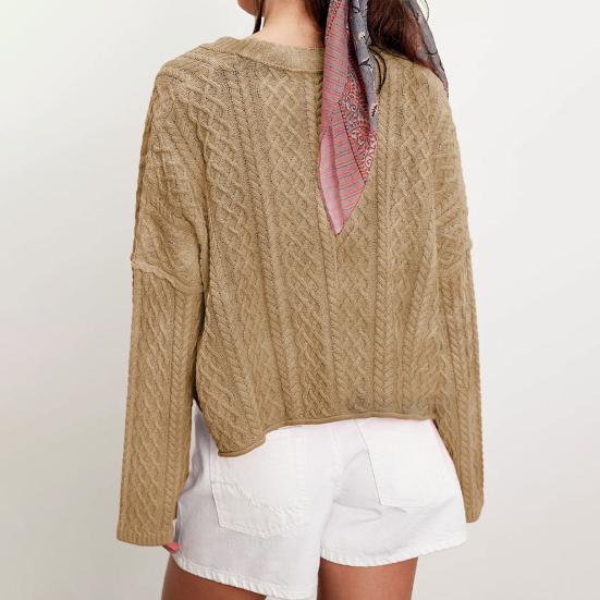 Women Sweater Coat V-Neck Long Sleeve Buttons Closure Cardigan Jacket with Pockets Solid Color Twist Texture Knitting Coat