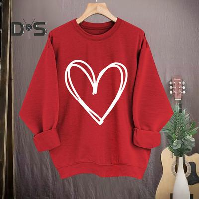 Spring Autumn Women Sweatshirt Heart Print Pure Color Round Neck Loose Long Sleeves Pullover Valentines Day Top