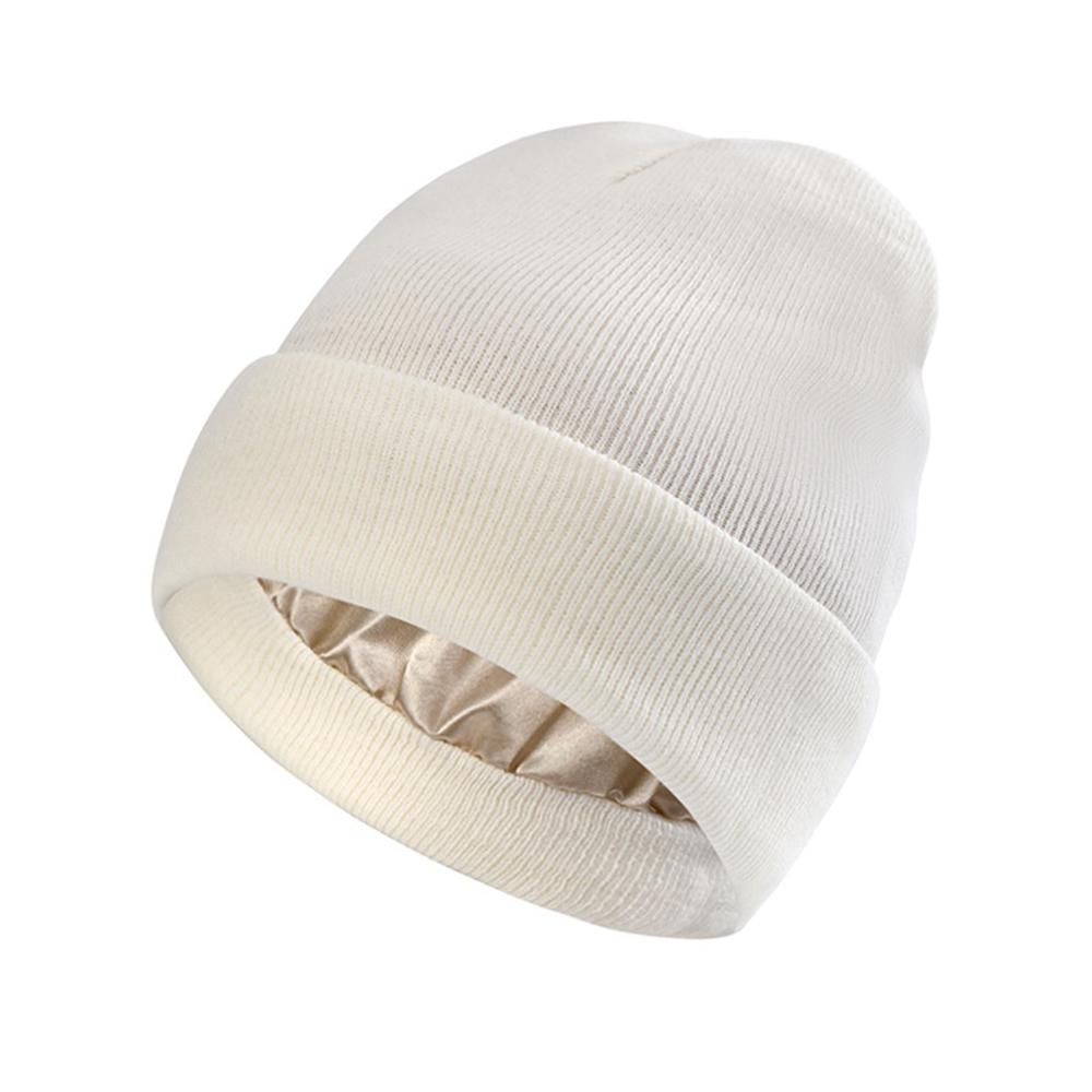 

Women Satin Lined Winter Beanie Silk Thick Chunky Knit Hat Soft Slouchy Skull Warm Cap белый