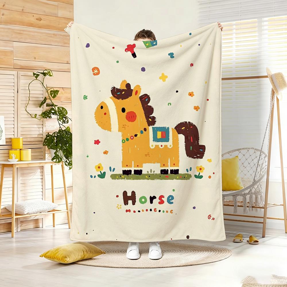 Painting Cute Pony Throw Lightweight 240G Flannel Blanket Soft Skin-Friendly For Summer Cooling