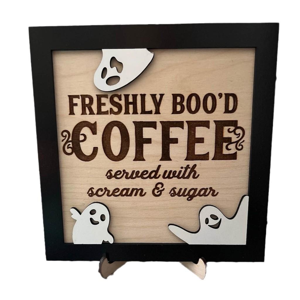Bood Coffee Freshly Halloween Sign Bar Decor Office Ornament Photo Ghost Frame