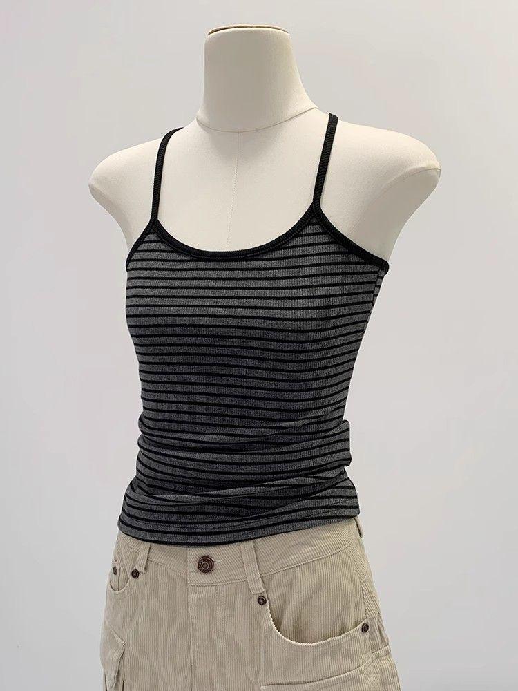 Y2k Striped Tank Top Women Backless Square Neck Crop Tops Going Out Sleeveless Spaghetti Strap Vest Vintage Camisole Streetwear