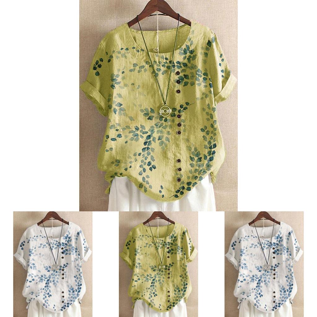 Women's Cotton Linen Floral Blouse With Short Sleeves For Summer Comfort