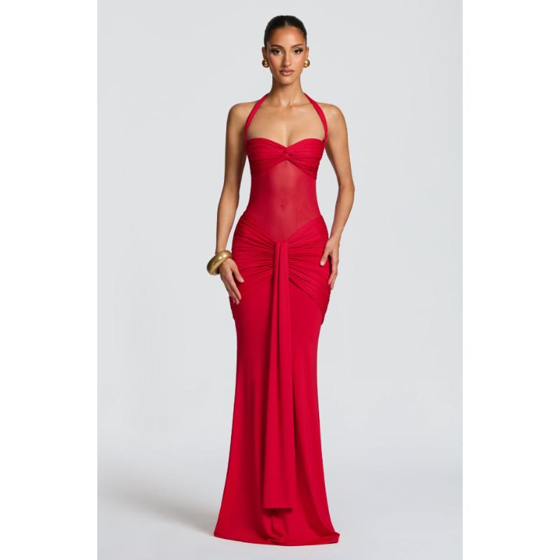 2026 Summer Women's Sheer Mesh Mermaid Gown, Adjustable Halter Neck Dress with Flowing Sash, Sexy Bodycon Evening Dress for Formal Parties