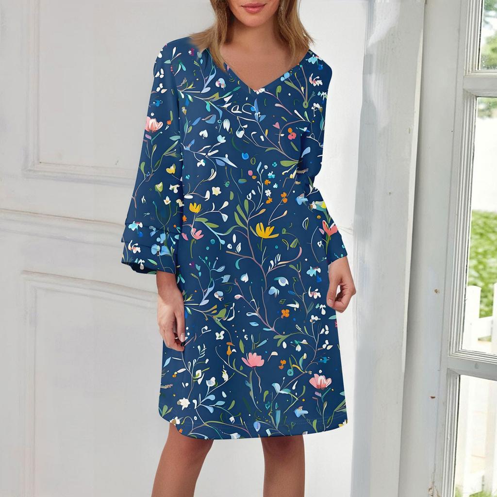 Women's Fashion V-neck Color Large Size Loose Long Large Swing 3/4 Sleeved Dress