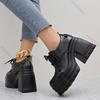 Fashion Thick-soled Loafers Gothic Punk Style Black Lace-up Heightened Women's Leather Pumps Autumn Chunky High Heeled Shoes for Women