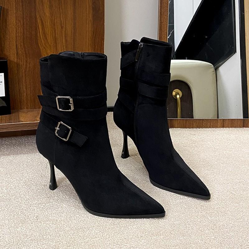 2025 new autumn and winter suede pointed thin heel Martin boots women's high heel side zipper belt buckle retro fashion short boots