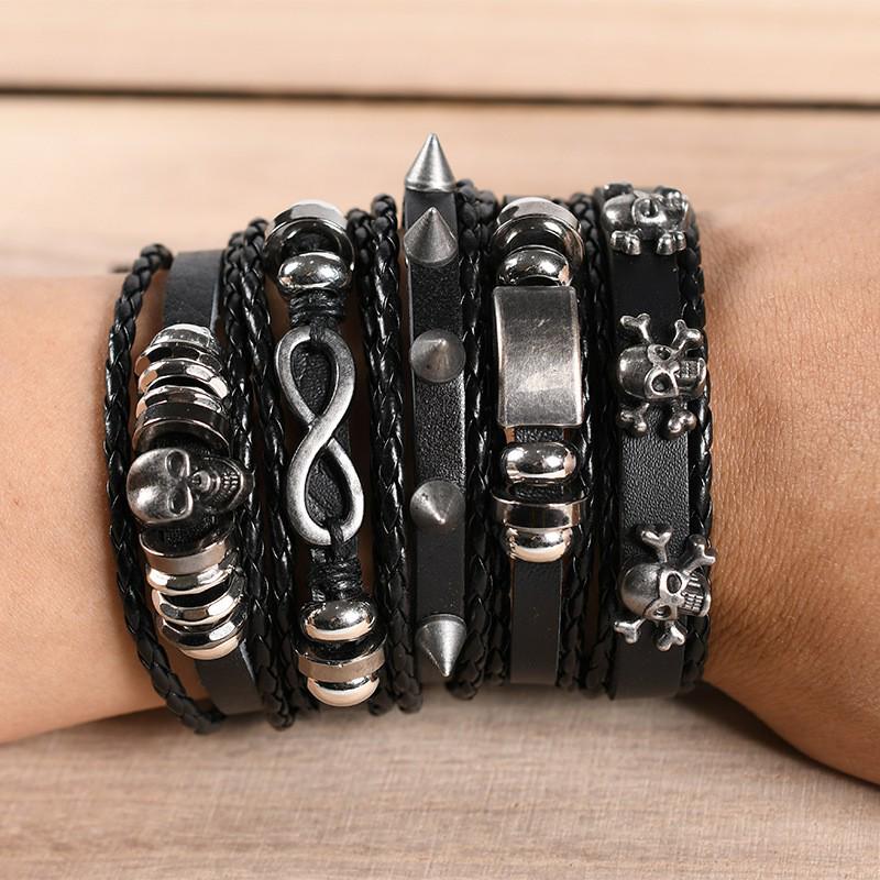 Men's Retro Skull Leather Bracelet Set: Handwoven Multi-Layer Rope with Figure 8 Design, 5 Pieces.