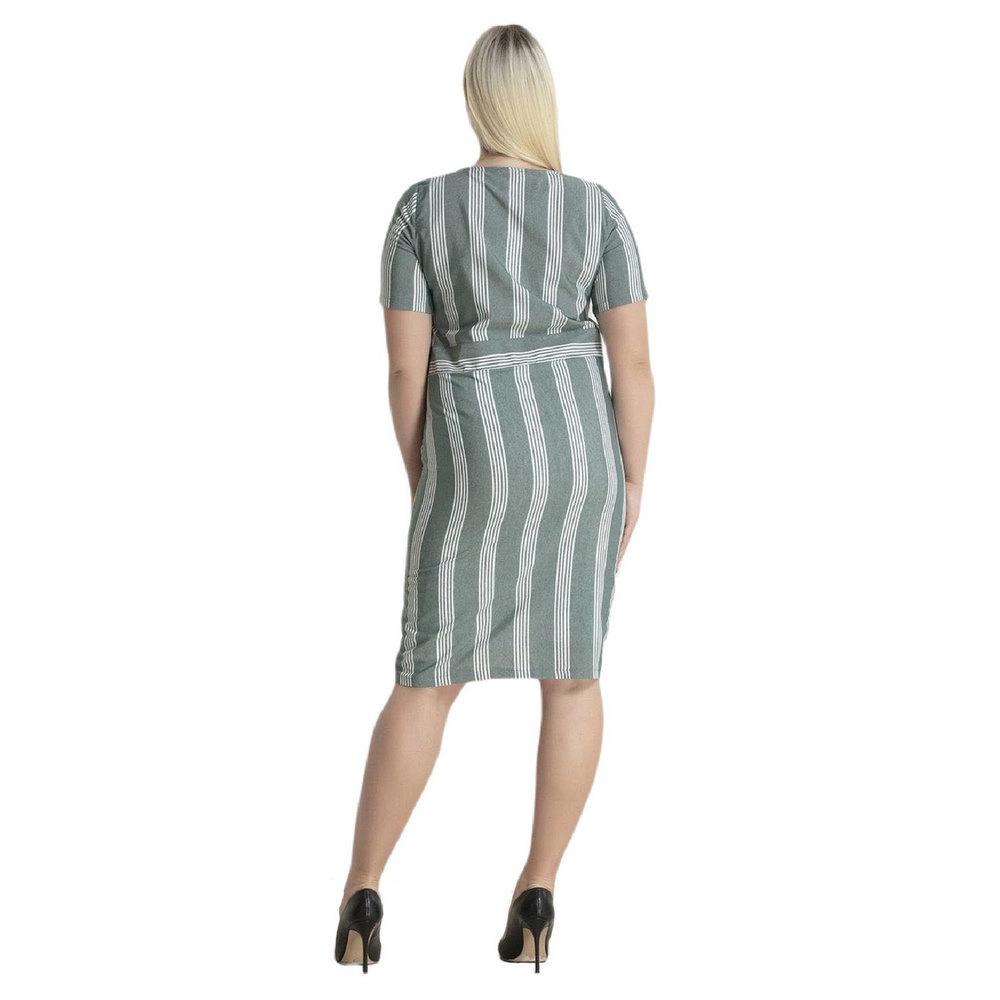 Fierte Women's Plus Size Dress Rg6684Y V-Neck Button Detail Short Sleeve Striped Sports Cotton Above Knee Navy Blue Green