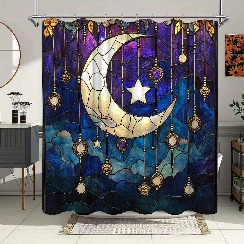 

Мечтательная Звездная Ночь Луна и Звезды Витражный Стиль Водонепроницаемая Шторка для Душа для Декора Ванной Комнаты, Дизайн в Стиле Модерн W90XH180cm
