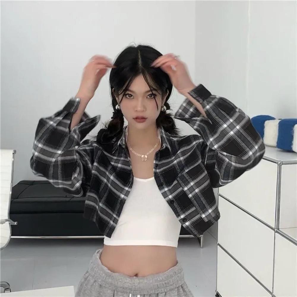 

Рубашка Western Sle, уменьшающая возраст, женская рубашка в клетку с лацканами в стиле ретро, высококачественная одежда, маленькая короткая рубашка с длинным рукавом, осень L чёрный