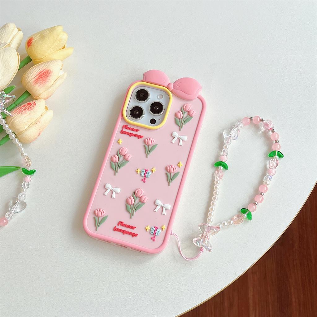 For iPhone 16 Pro Silicone Case Cute 3D Tulip Design Shockproof Phone Back Cover with Lanyard