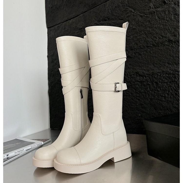 Leather thick heel boots women's 2025 autumn and winter new thick-soled knight boots small belt buckle inner height increase Martin boots