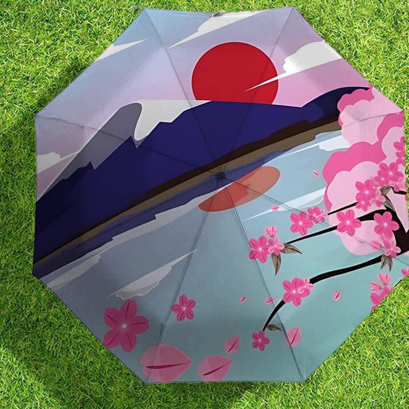 1pc Mount Fuji Cherry Blossoms Automatic Folding Umbrella 8 Rib Iron Frame,  Suitable for Travel, Daily Use, Birthday, Women & Men Gift C1231051