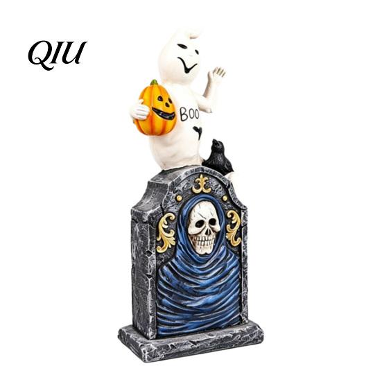 Pumpkin Crow Decor Halloween Tombstone Figurine, Resin Ghost on Dark Style Holiday Figurines Statue for Desktop Haunted House Party Collectible Horror