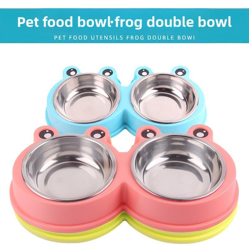 Pet Bowls, Plastic Cartoon Frogs, Double Bowls, Pet Stainless Steel Bowls, Pet Feeders, Cat Bowls, Dog Basins, Pet Supplies