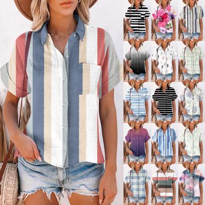 Women's Casual Fashion Cotton Linen Stripe Printed Women's Short Sleeve Shirt