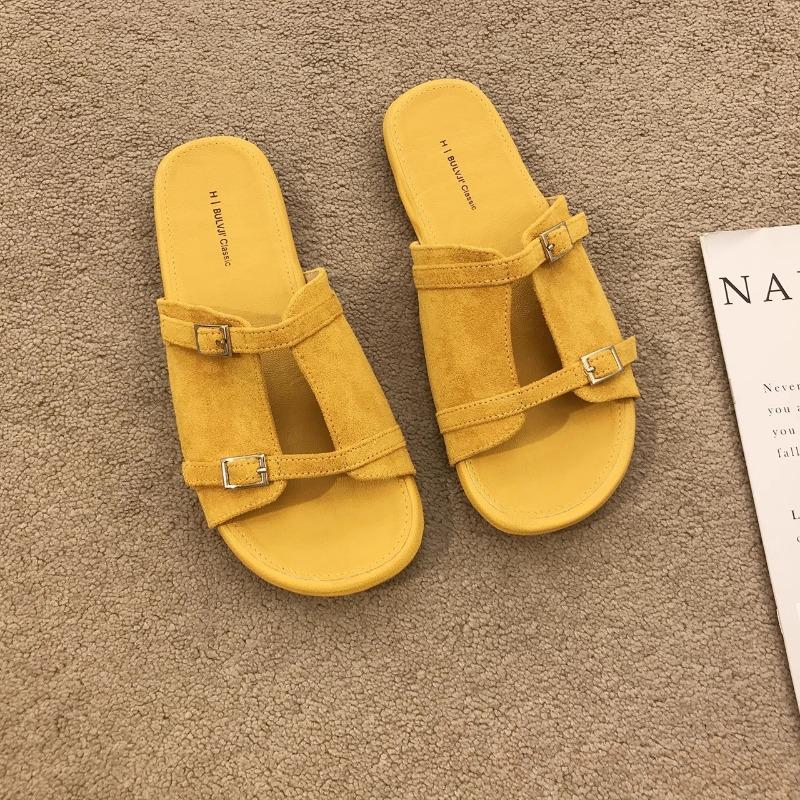 Leather Yellow One-word Drag Women's Summer Wear New Thick-bottomed Seaside Beach Sandals