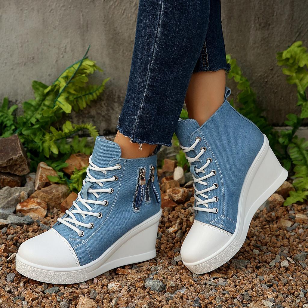 Fashion Fashion Denim Blue Canvas Shoes Women 2025 Autumn Metal Zip Decoration Lace Up Wedge Heel Pumps Casual High Heel Ankle Shoes